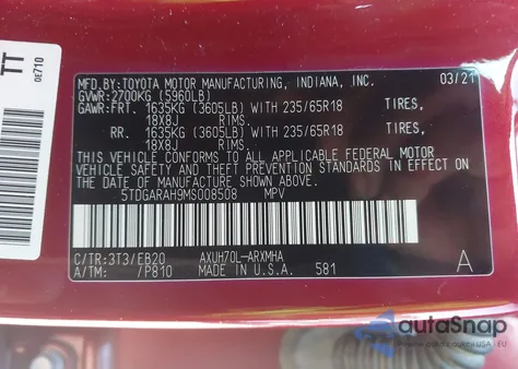 2021 Toyota Highlander Hybrid Xle z USA, uszkodzony, nr VIN 5TDGARAH9MS008508